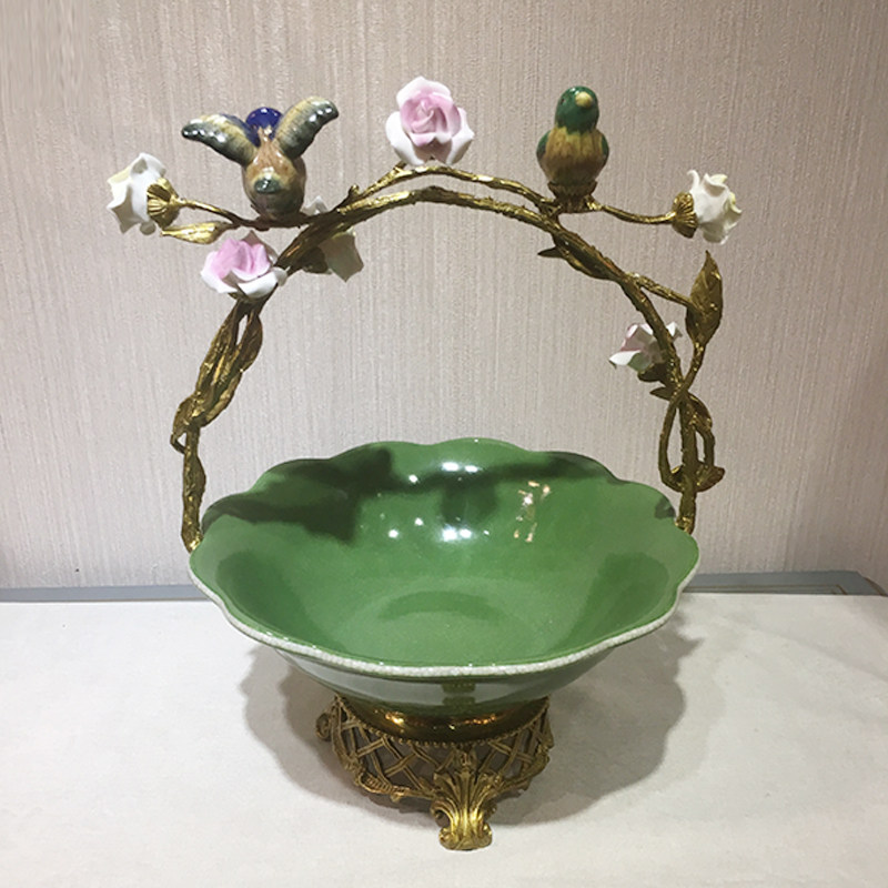 美饰家居陶瓷配铜小鸟提篮果盘 客厅茶几美式家居高端工艺品摆件