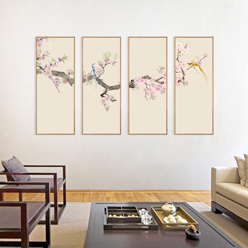 水墨宣言新中式客厅背景墙四联幅装饰画手绘花鸟桃花海棠条屏挂画