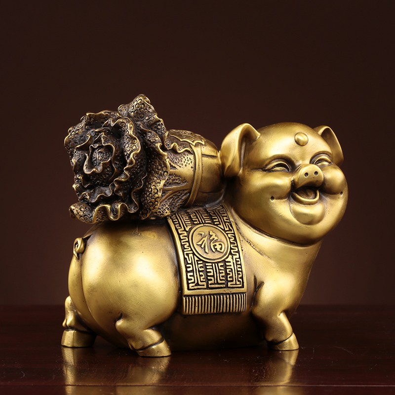 纯黄铜猪摆件中式家居客厅玄关办公室摆设生肖猪店铺乔迁开业礼品