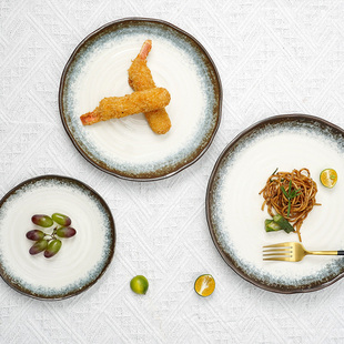 美浓烧月晕青白6.5英寸平盘盘子菜盘家用餐盘西餐盘釉下彩餐具