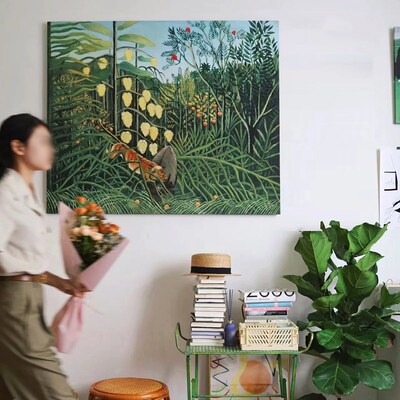 《亨利卢梭》春意盎然绿植动物客厅沙发背景装饰画丛林生气勃勃