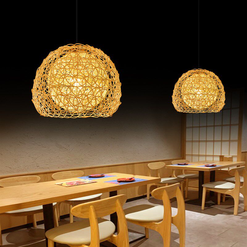 日式餐厅藤艺吊灯创意个性民宿卧室床头装饰灯具复古简约麻球吊灯
