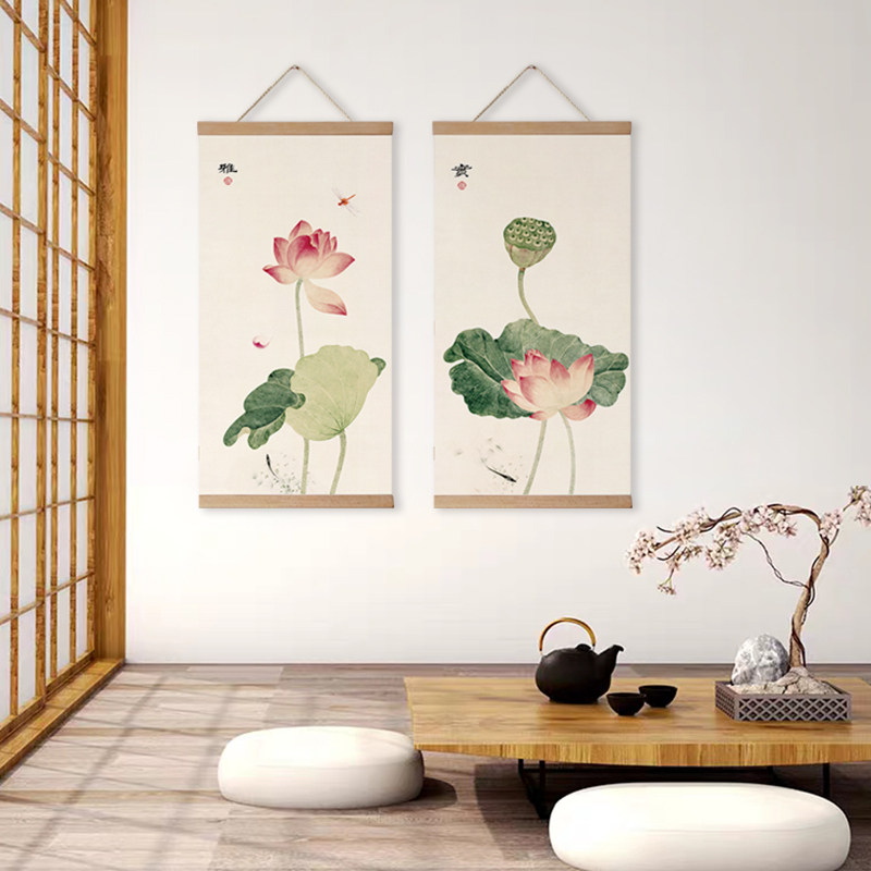 实木卷轴挂画新中式禅意荷花茶室客厅墙壁画玄关电表箱遮挡装饰画
