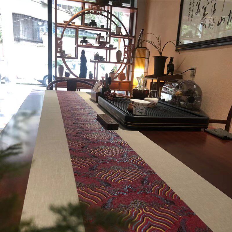 中式云锦茶席提花云水纹织锦大号茶席空间陈设桌旗 茶室桌布