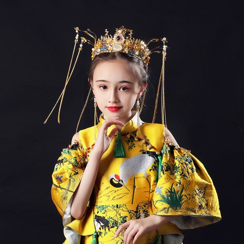儿童皇冠头饰国潮中国风模特走秀礼服公主女童中式流苏发冠发饰女
