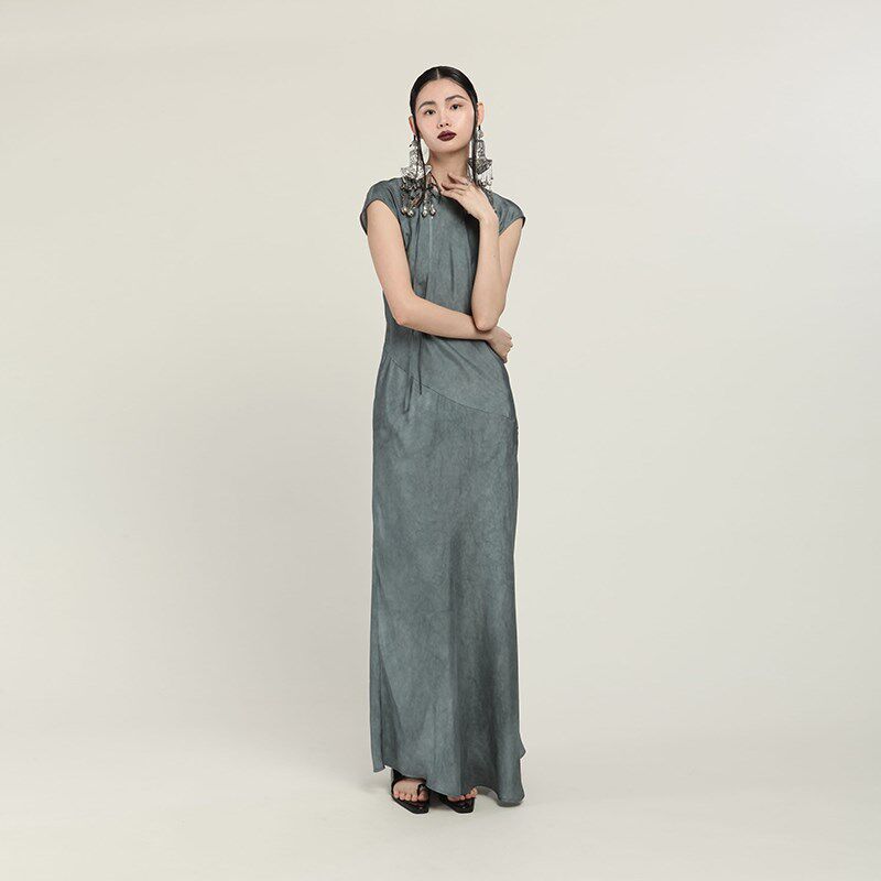 MIA HAN夏季新品高端新中式复古修身显瘦气质包袖长款真丝连衣裙