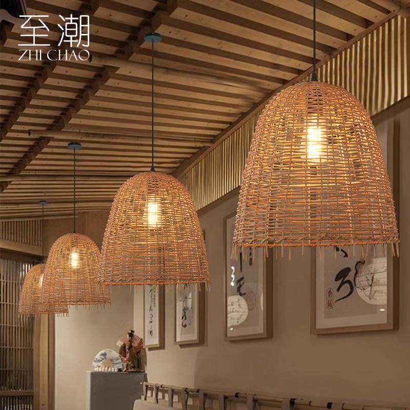 藤编吊灯复古禅意茶室餐厅吧台灯民宿中式田园日式榻榻米餐饮灯具