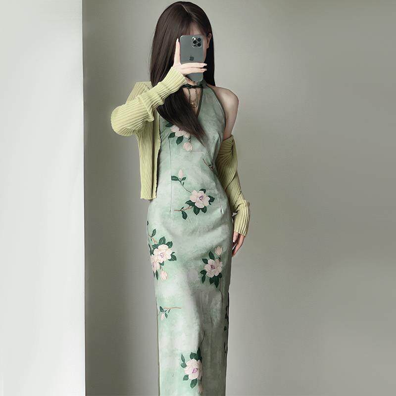绿色复古高级感连衣裙新中式改良旗袍外搭开衫初秋年轻款国风套装