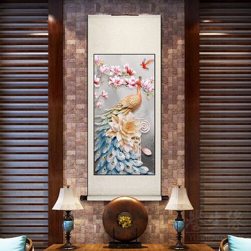 富贵孔雀卷轴挂画竖版新中式玄关装饰画客厅过道壁画餐厅书房墙画