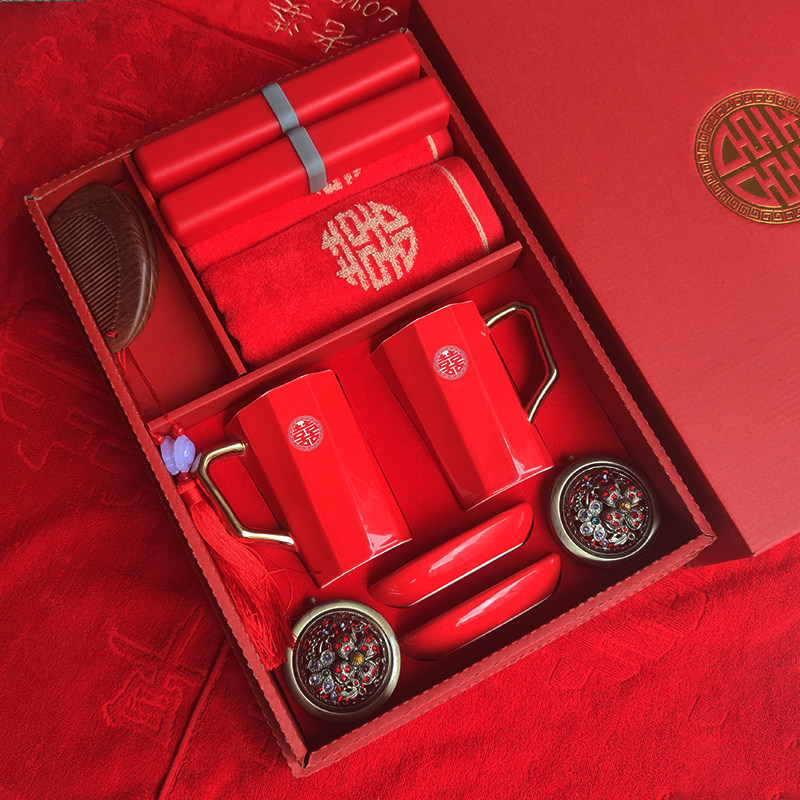 结婚刷牙杯陶瓷洗漱杯陪嫁妆礼盒套装牙缸红色漱口杯情侣一对礼物