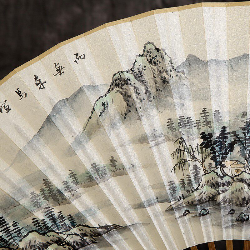 丝艺堂9寸乌木柄手绘山水白纸扇男中国风礼品工艺扇子鸡翅木折扇