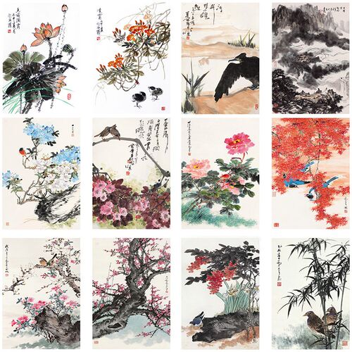 国画临摹卡片山水墨画创意风景美术大师级名家山水花鸟写意参考卡