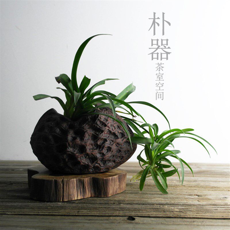 粗陶花瓶水培干花真花器陶瓷中式紫砂陶艺花插花盆客厅摆件仿树桩