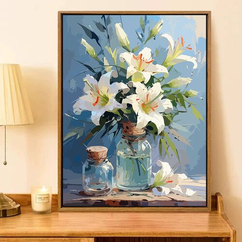百合花数字油画diy填充手工填色画画丙烯手作奶泡机时间客厅装饰