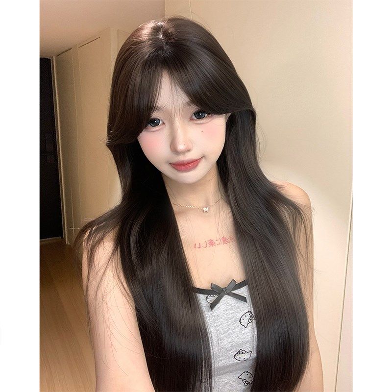 束朵黑茶色70cm长直假发 韩式微卷自然全头套假发 女性日常高层次