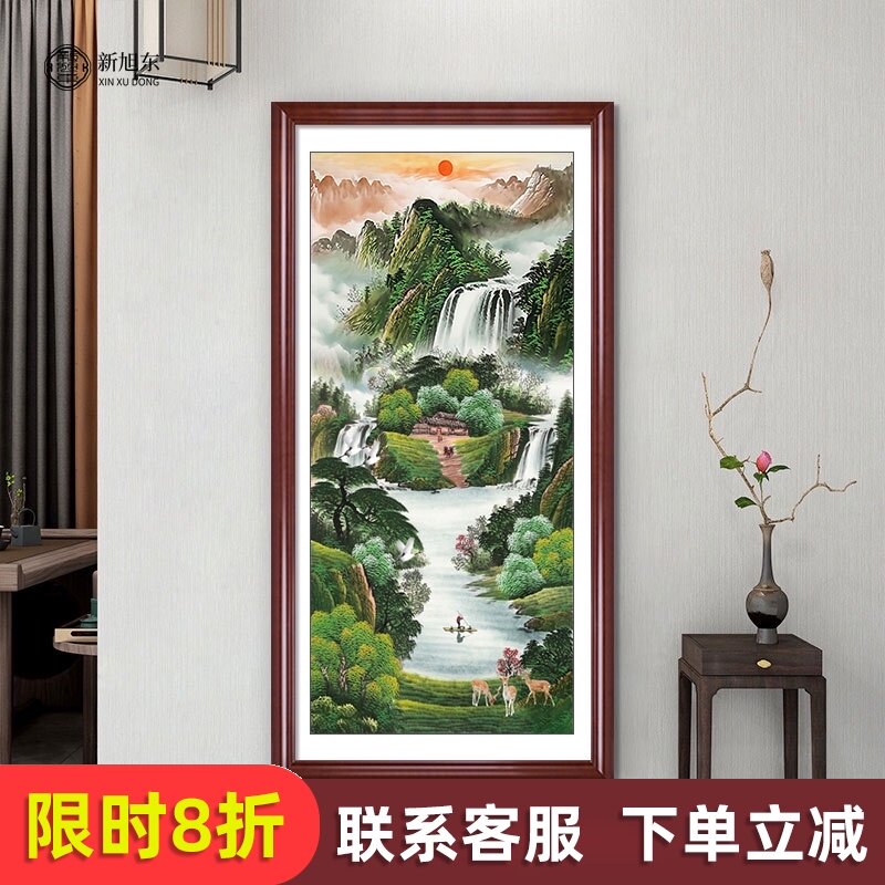 流水生财山水风景新中式入户玄关装饰画竖版进门走廊过道尽头挂画