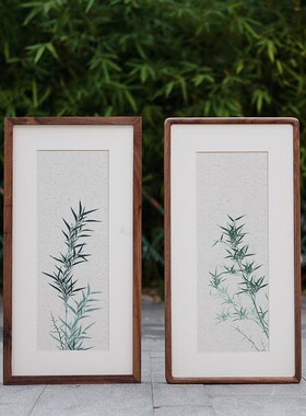 绿色竹子装饰画新中式日式茶室竖版四联办公室餐厅玄关实木壁挂画
