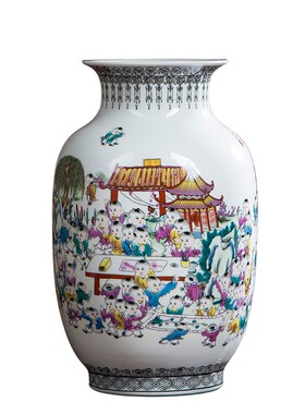 190景德镇陶瓷器粉彩童子花瓶插花新中式家居饰品工艺品客厅摆件
