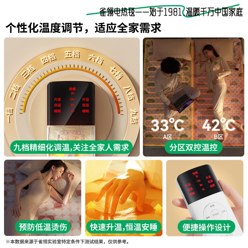 雀翎2024新款电热毯单人学生宿舍毯子电褥子双人双控调温开关家用