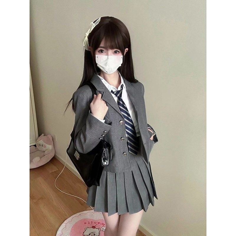 灰色高级jk制服西装裙套装校供学院风西服外套女两件套东京岁时记