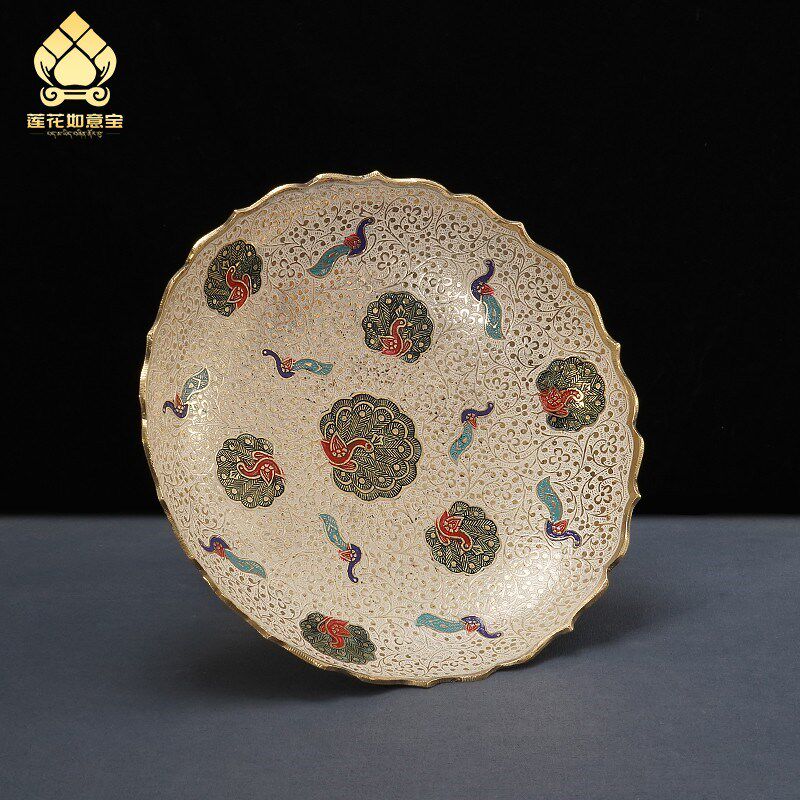 藏式家用铜果盘佛前供盘尼泊尔西藏特色工艺品纪念品摆件新中式