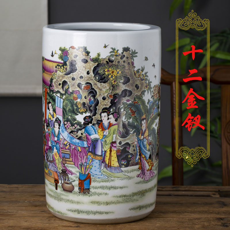 景德镇陶瓷书画缸大号仕女图粉彩瓷器居家装饰字画卷轴收纳桶摆件