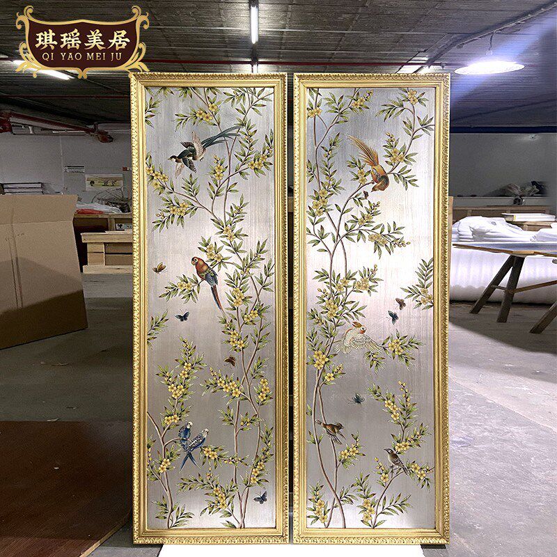 法式奢华手绘花鸟装饰画欧式金银箔别墅挂画客厅壁画沙发背景画