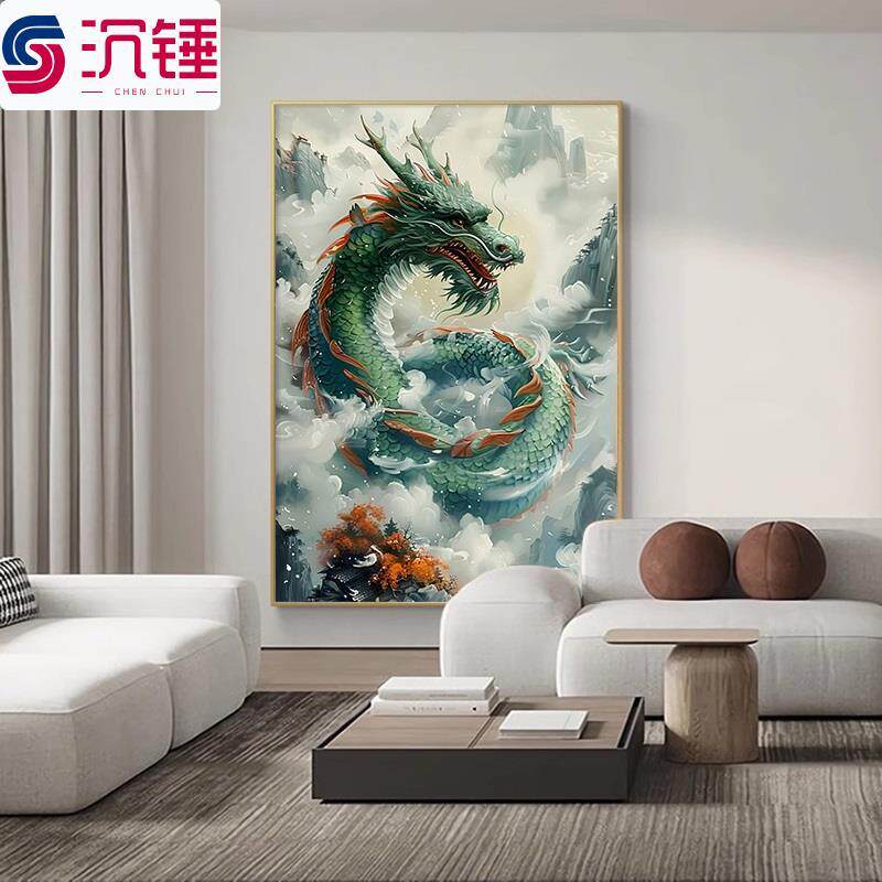 手绘油画青龙献瑞国风中国龙客厅装饰画龙年生肖龙玄关招财镇宅画