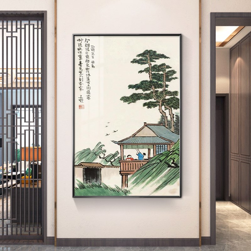 国画丰子恺挂画新中式入户玄关装饰画免打孔门厅走廊尽头竖版壁画