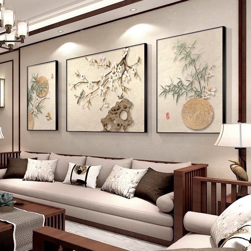 喜上眉梢客厅三联挂画沙发背景墙装饰画禅意花鸟新中式茶室墙壁画
