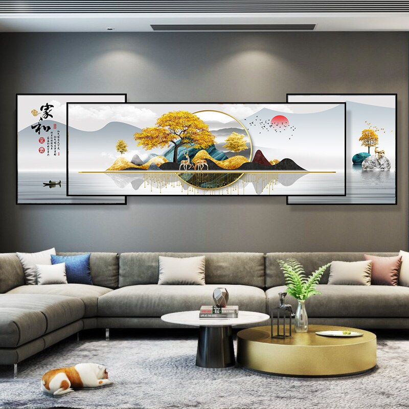 叠加新中式客厅装饰画山水画三联画鸿运当头沙发背景墙壁挂画定做
