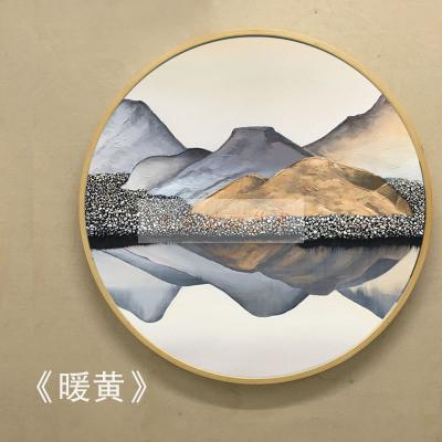 玄关油画客厅装饰画山水画餐厅挂画过道有框手绘新中式简约圆形画