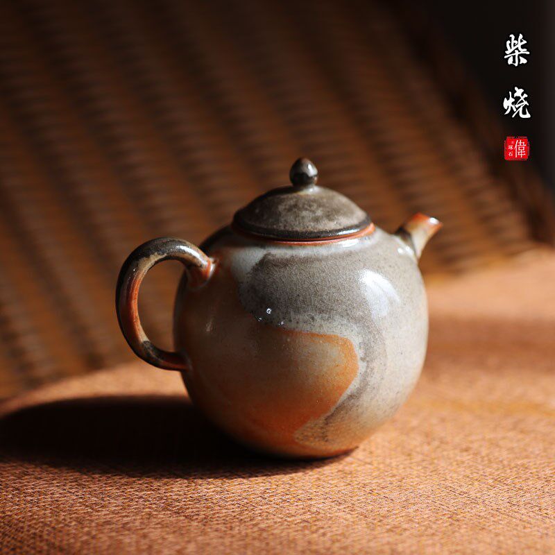 琢石柴烧手工茶壶复古水墨陶瓷茶具家用日式志野烧单壶窑变泡茶器