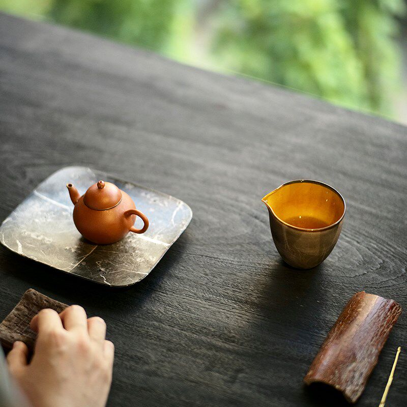 太初莲花堂贴金箔公道杯银 玻璃高档茶海 黄炼高端复古茶具匀杯沁