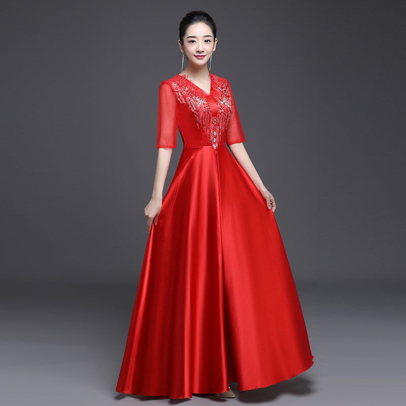 中老年大合唱演出服女长裙舞台表演迎宾礼服优雅长款合唱团演出服