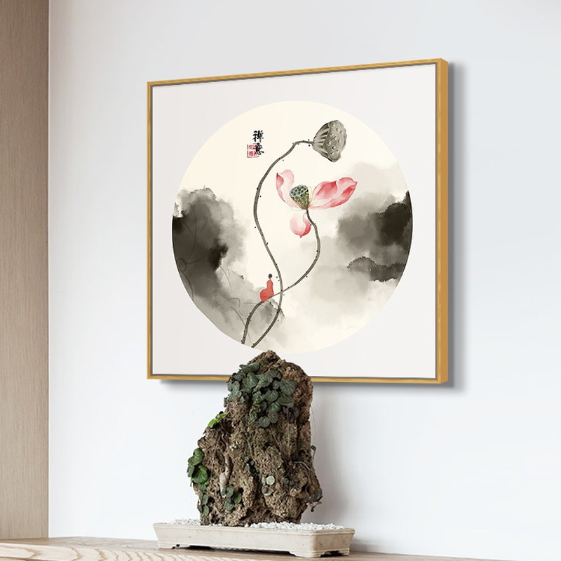 新中式玄关过道装饰画方形水墨荷花挂画客厅茶室书房禅意莲花壁画