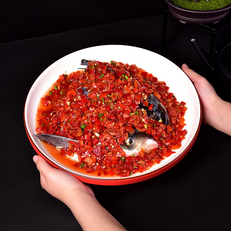 中式哑光红陶瓷圆形蜡烛加热盘剁椒鱼头盘保温菜盘子饭店明档餐具