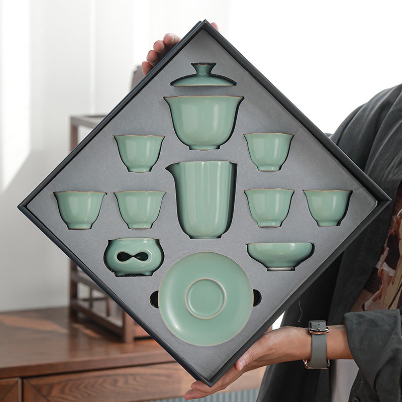 侧把汝窑天青茶具套装家用客厅盖碗茶壶功夫茶杯开片可养礼盒装记