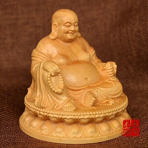 小叶黄杨木雕实木雕刻纯手工大肚弥勒笑佛佛像木制工艺品汽车摆件