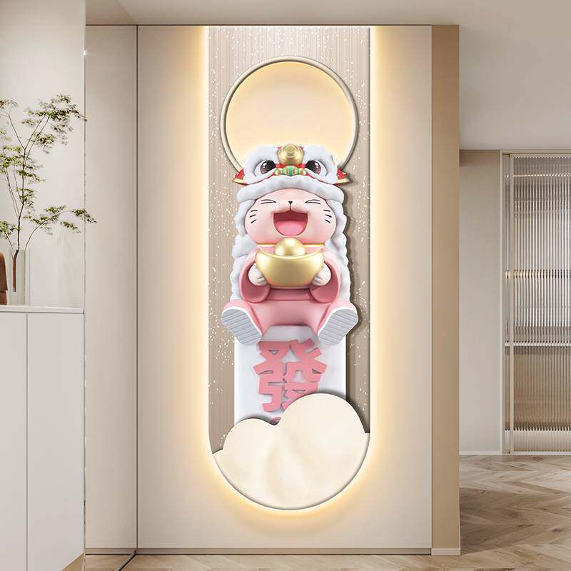 奶油风招财猫玄关装饰画醒狮客厅入户细长条挂画走廊过道带灯壁画