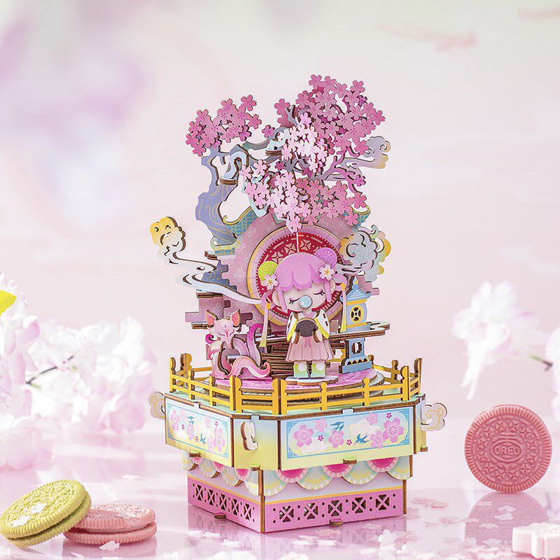 若态古风八音盒木质拼装diy手工音乐盒醉花灯情侣玩具生日礼物女