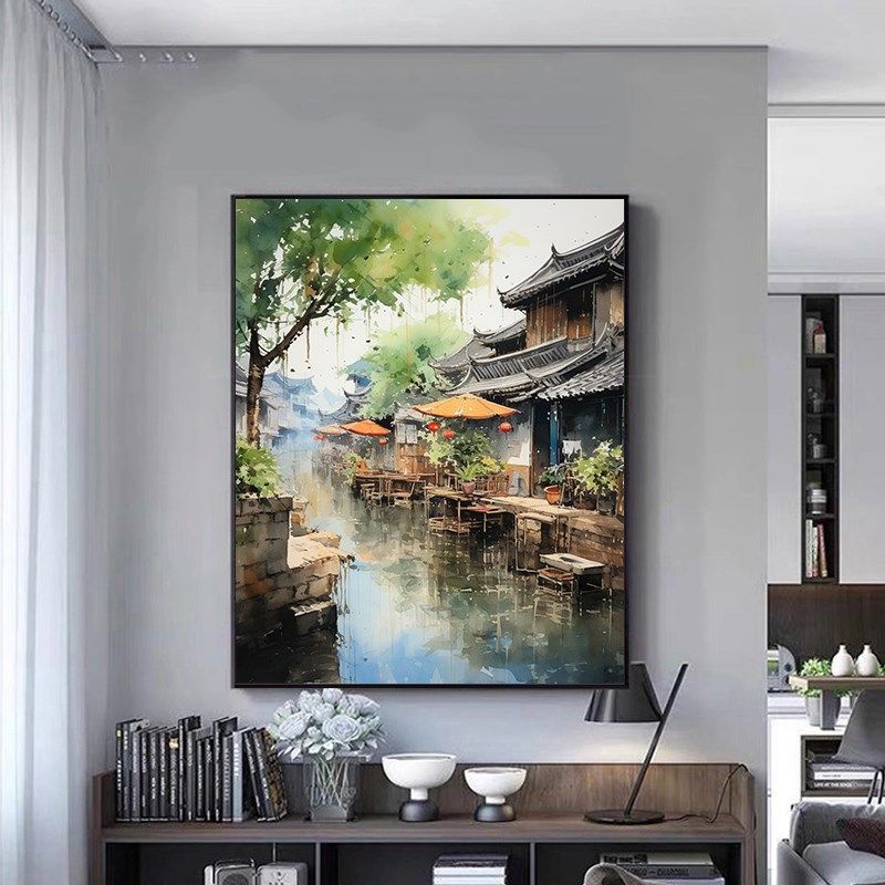 中式古典水墨画江南小镇diy数字油画 手工填色油彩画 风景装饰画