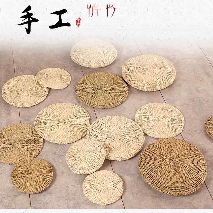 中式单片圆形女孩地毯学生坐席编织蒲草坐垫草编草藤复古垫子地垫