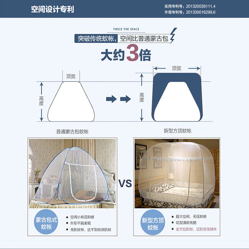 金艺嘉免安装蒙古包母婴蚊帐1.2米1.5床拉链三开门1.8m床双人家用