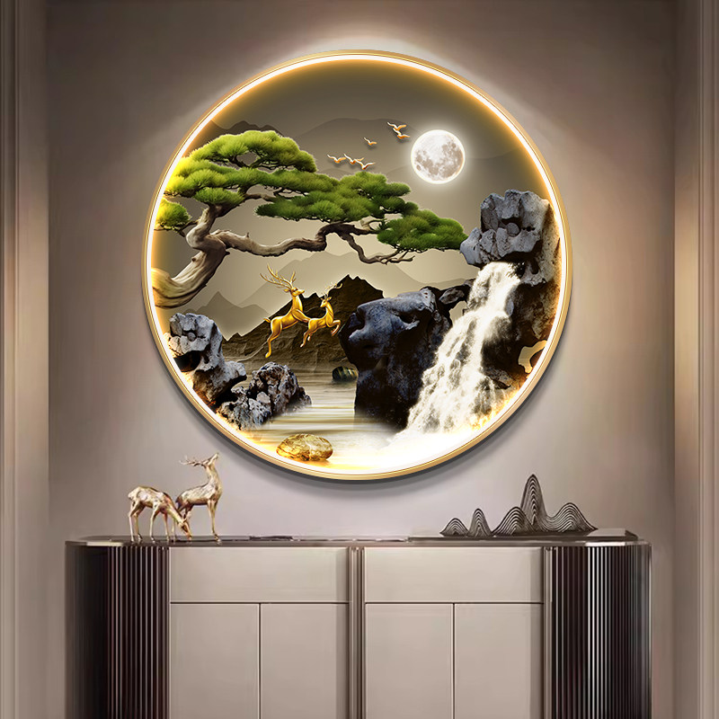 新中式风格山水画玄关装饰画 流水生财寓意壁画 高档客厅挂画山水