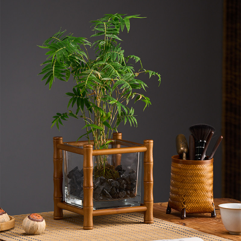 竹制桌面小鱼缸架茶室装饰展示台盆景花植置物架绿案几花几台架