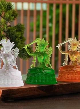 纯手工琉璃佛像 文殊菩萨坐像中式风格家庭供奉迷你佛像 客厅装饰