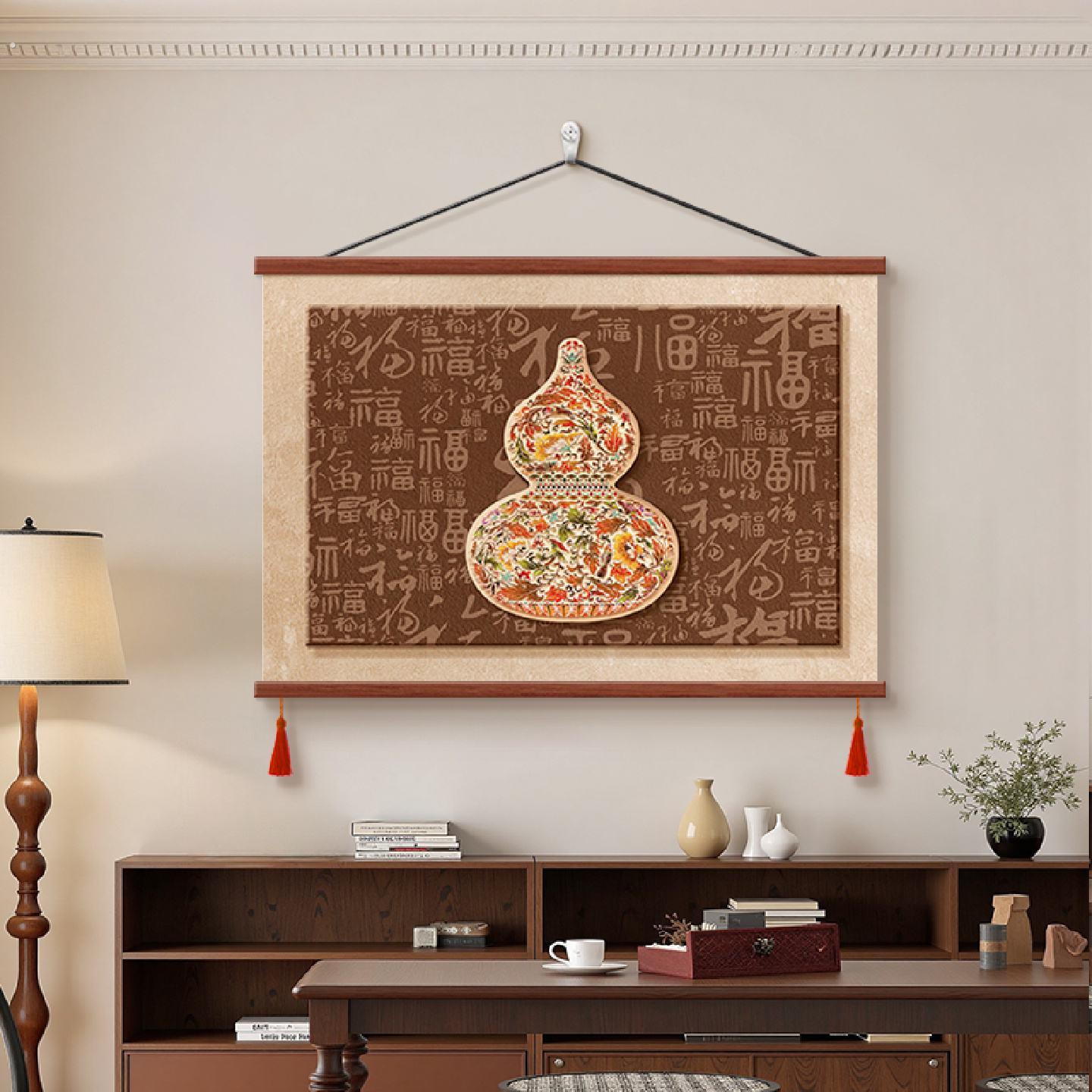 中古风葫芦福禄饭厅装饰画百福图客厅横挂画寓意好电表箱遮丑壁画
