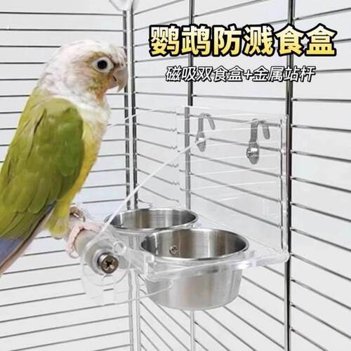 鹦鹉防溅鸟内挂食盒防撒喂水器亚克力透明双碗不锈钢食槽玄凤牡丹