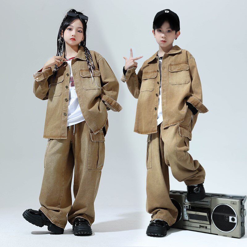 儿童街舞服男女童工装牛仔套装少儿嘻哈hiphop架子鼓演出服走秀服
